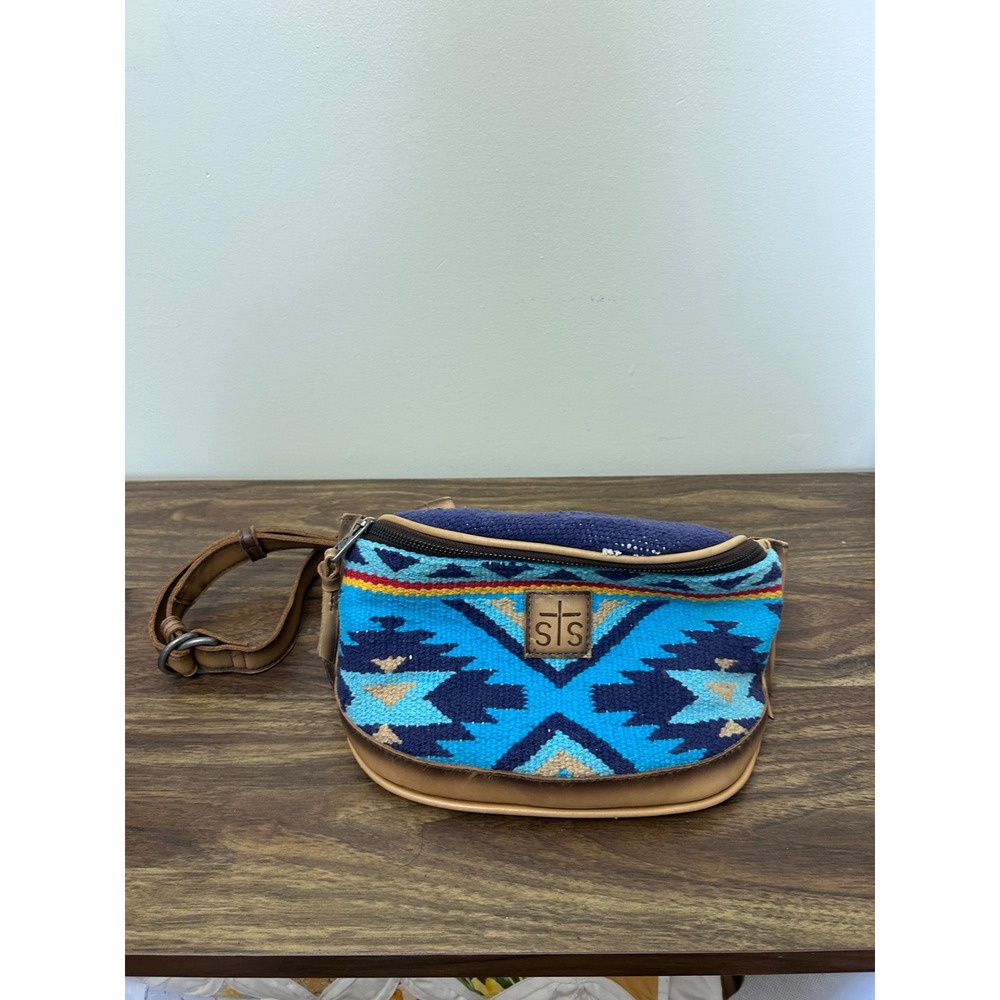 STS Ranchwear Blue Serape‎ Leather Belt Bag Southwestern Fanny Pack Waist Bag